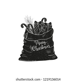 Sack. Gift, candy, branch spruce. Christmas, new year. Black silhouette on white background.