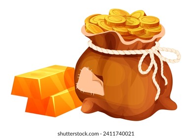 Chaqueta con monedas de oro, pila de ladrillos dorados, tesoro brillante en activos de juego tipo caricatura aislados en fondo blanco