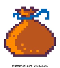 Sack with gold and treasures, isolated pixelated sack with money serving as reward. Play settings and interface element. Pixel art, 8 bit retro graphics, old school game design. Vector in flat style