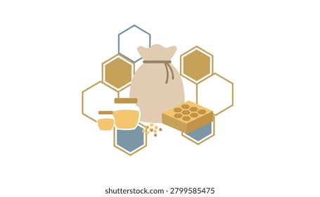 Sack of grains positioned next to honey jars and a honeycomb block surrounded by geometric hexagonal outlines on a light background for organic food branding.