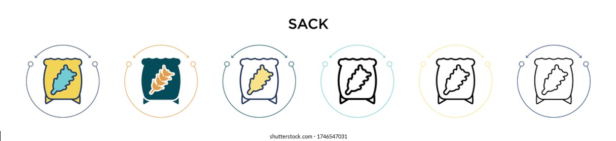Icono de saco en el estilo relleno, delgado, contorno y trazo. Ilustración vectorial de dos iconos de los vectores de sacos de color y negro se puede utilizar para móviles, ui, web