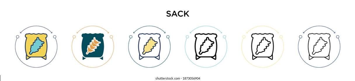 Icono de saco en el estilo relleno, delgado, contorno y trazo. Ilustración vectorial de dos iconos de los vectores de sacos de color y negro se puede utilizar para móviles, ui, web