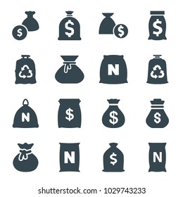 Sack icons. set of 16 editable filled sack icons such as trash bag, bag with ground