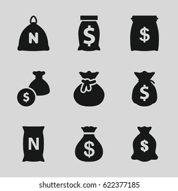 Sack icons set. set of 9 sack filled icons such as bag with ground
