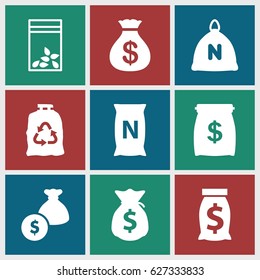 Sack icons set. set of 9 sack filled icons such as trash bag