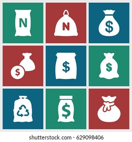 Sack icons set. set of 9 sack filled icons such as trash bag, bag with ground