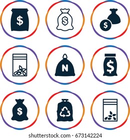 Sack icons set. set of 9 sack filled and outline icons such as trash bag, seed bag