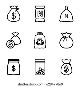 Sack icons set. set of 9 sack outline icons such as trash bag