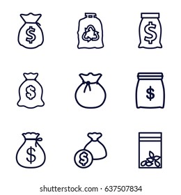 Sack icons set. set of 9 sack outline icons such as trash bag, seed bag