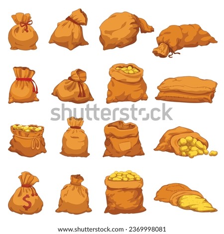 Sack icons set cartoon vector. Pocket bag. Ground seed