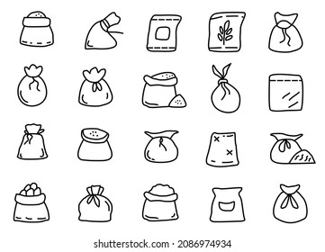 Sack icons set. contain such icon as Rice in sack, Bags with groats, sugar, flour, etc., various shapes. Sack illustration vector isolated on white background. editable file