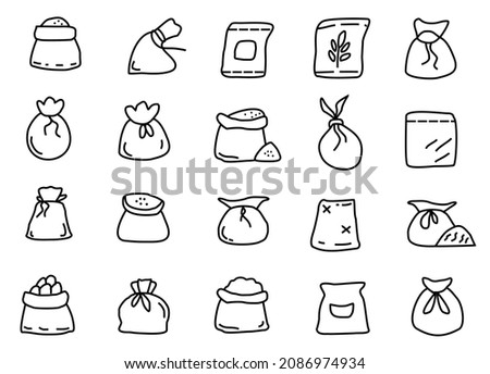 Sack icons set. contain such icon as Rice in sack, Bags with groats, sugar, flour, etc., various shapes. Sack illustration vector isolated on white background. editable file