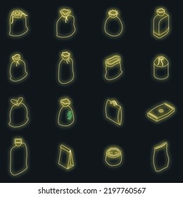 Sack icons set. Isometric set of sack vector icons neon color on black