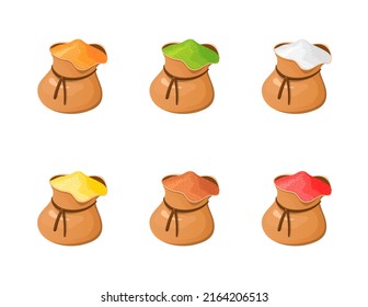 Sack indian spices. Cartoon sacks powder from india, bag turmeric or coriander, sackful herb condiments for cooking, sacking salt sugar cocoa pepper paprika, vector illustration of ingredient spicy