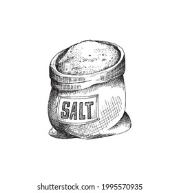 Sack with label full of granular salt. Ingredient for spa bath or natural spice for cooking, seasoning or preserving food. Vector illustration in engraved style isolated on white