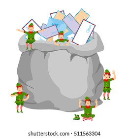 Sack with mail post to Santa Claus and elves. Big bag with letters envelopes from children. Postal from kids on holiday. Christmas little people read correspondence. Happy santas Assistant green suit
