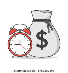 Sack Of Money With Alarm Clock Vector Icon Illustration. Time Is Money Concept Flat Icon