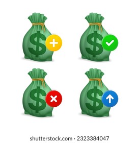 Sack of money icon set with different pictograms. 3d vector icons set