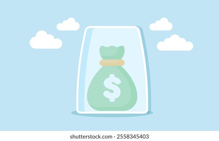 A sack of money inside a glass, illustration of securing financial assets of a business company