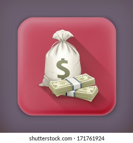 Sack and money, long shadow vector icon
