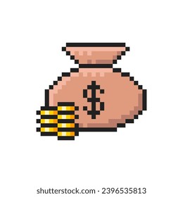 Sack with money, pixel art icon, 8-bit sprite, bag of gold coins. Isolated vector illustration for pixel art games.