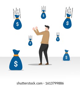 Sack of money rain illustration concept. business man feels happy and joy got wealth. 