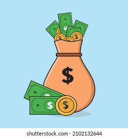 saco de vectores de dinero, concepto de saco de dinero, saco de dólares y monedas, bolso de dinero, bolso de dinero lleno de dólares y monedas vectorial ilustración plana diseño fondo de fondo,dólar y monedas dólares plano