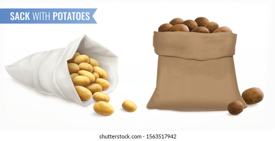 Sack with potatoes realistic set with spuds of different fluke and colour with text and bags vector illustration