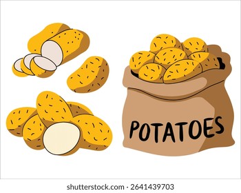 Sack of potatoes with slices vector illustration. Fresh agricultural product and versatile cooking ingredient artwork for farm and kitchen themes.