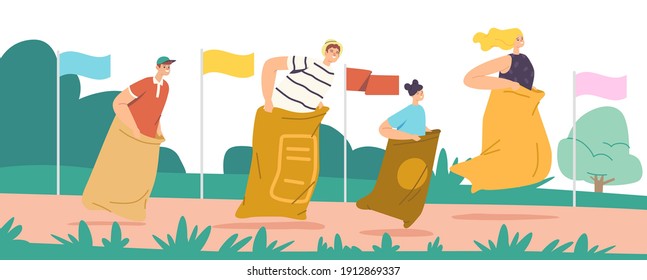 Sack Race Konzept mit glücklichen Familiencharakter Mutter, Vater und Kinder springen in Taschen. Sommer Outdoor Wettbewerb, Hoppen fröhliches Spiel in Parkland oder Stadion. Vektorgrafik von Cartoon People