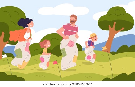 Sack race. Happy people jump in sacks, family outdoor competition fan game together jumping parents man and woman celebrate national festival indonesia, classy vector illustration authors graphics