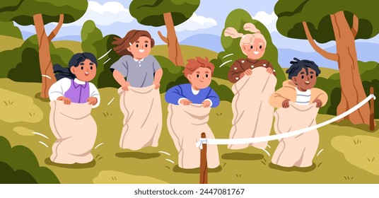 Sack race, kids fun competition. Happy children jumping inside bags outdoors. Cute preschool child group playing funny game, summer activity, joyful leisure in nature. Flat vector illustration