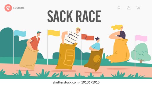 Sack Race Landing Page Template. Fröhliche Familiencharakter Mutter, Vater und Kinder, die in Taschen springen. Sommer Outdoor Wettbewerb, Hoppingspiel im Parkland Stadion. Vektorgrafik von Cartoon People