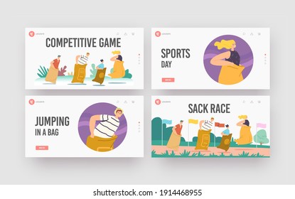 Sack Race Landing Page Template Set. Family Characters Mother, Father and Children Jumping in Bags. Summer Outdoor Competition, Hopping Game in Parkland Stadium. Cartoon People Vector Illustration