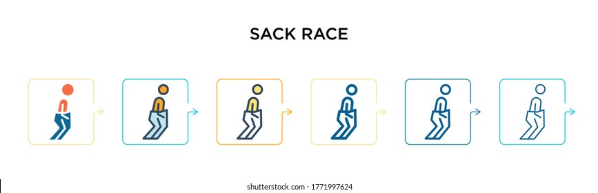 Icono del vector de raza de saco en 6 estilos modernos diferentes. Íconos negros, de dos colores de la carrera de sacos diseñados en el estilo relleno, contorno, línea y trazo. La ilustración vectorial se puede usar para web, móvil, ui