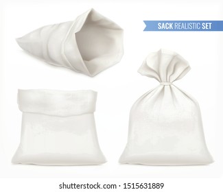 Sack realistic set with three isolated views of bag with text and shadows on blank background vector illustration