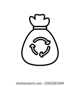 
sack recycle line icon, Black and white line drawing of a recycling bag suitable for ecofriendly designs, websites, educational materials, and sustainability campaigns.

