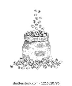 Sack with roasted coffee beans. Sketching style. Vector illustration.