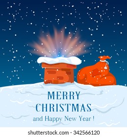 Sack of Santa and magic of Christmas rooftop,  illustration.