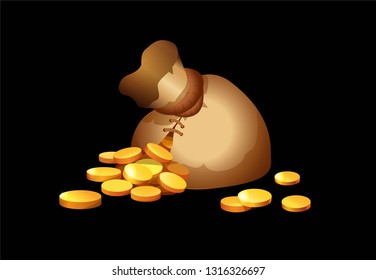  Sack with spilled magic golden coins fairy-tale accessory purse vintage treasures money. Realistic vector illustration. 