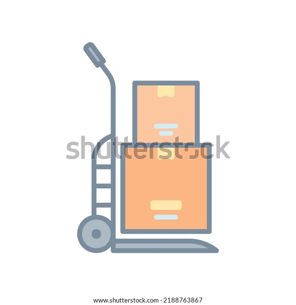 Sack\
truck icon with boxes in colorful filled line\
style