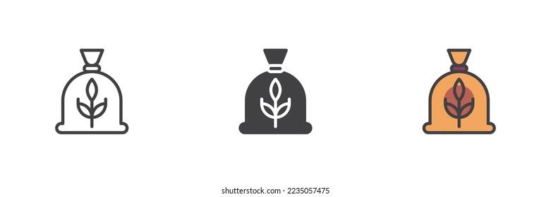 Juego de iconos de estilos diferentes para saco de trigo. Línea, glifo y contorno relleno versión colorida, contorno y signo vectorial relleno. Símbolo, ilustración del logotipo. Gráficos vectoriales