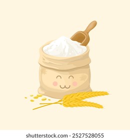 A Sack of wheat flour cartoon cute, Starchy or carbohydrate foods that naturally contain gluten, Whole grains flour ingredient for used in bakery products, pasta, noodles and cooking process foods.