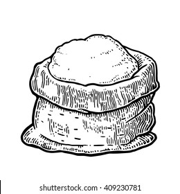 Sack with whole flour. Hand drawn sketch style. Vintage black vector engraving illustration for label, web, flayer bakery shop.  Isolated on white background. 
