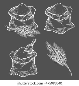 Sack With Whole Flour Or Sugar With Ear Wheat, Scoop. Hand Drawn Sketch Style. Vintage Vector Engraving Illustration Set For Label, Web, Flyer Bakery Shop. Isolated On Black Background.