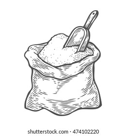 Sack with whole flour or sugar with scoop. Hand drawn sketch style. Vintage black vector engraving illustration for label, web, flayer bakery shop. Isolated on white background.
