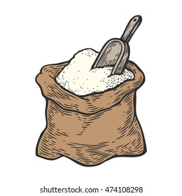 Sack with whole flour or sugar with scoop. Hand drawn sketch style. Vintage black vector engraving illustration for label, web, flayer bakery shop. Isolated on white background.
