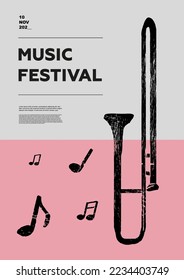 Sackbut. Music festival poster. Wind musical instruments. Competition.  A set of vector illustrations. Minimalistic design. Banner, flyer, cover, print.