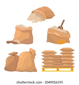 Säcke und Beutel mit Reiskörnern. Cartoon, Vektorgrafik der Getreideernte in offenen oder geschlossenen braunen Verpackungen, Rohreis-Samen für die Mehlerzeugung. Landwirtschaft, Lebensmittelspeicherkonzept