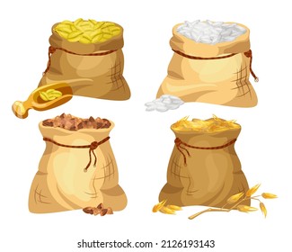 Sacks of different cereal grains cartoon illustration set. Wheat, buckwheat and rye for grinding into flour in burlap bags isolated on white background. Farming, food concept
